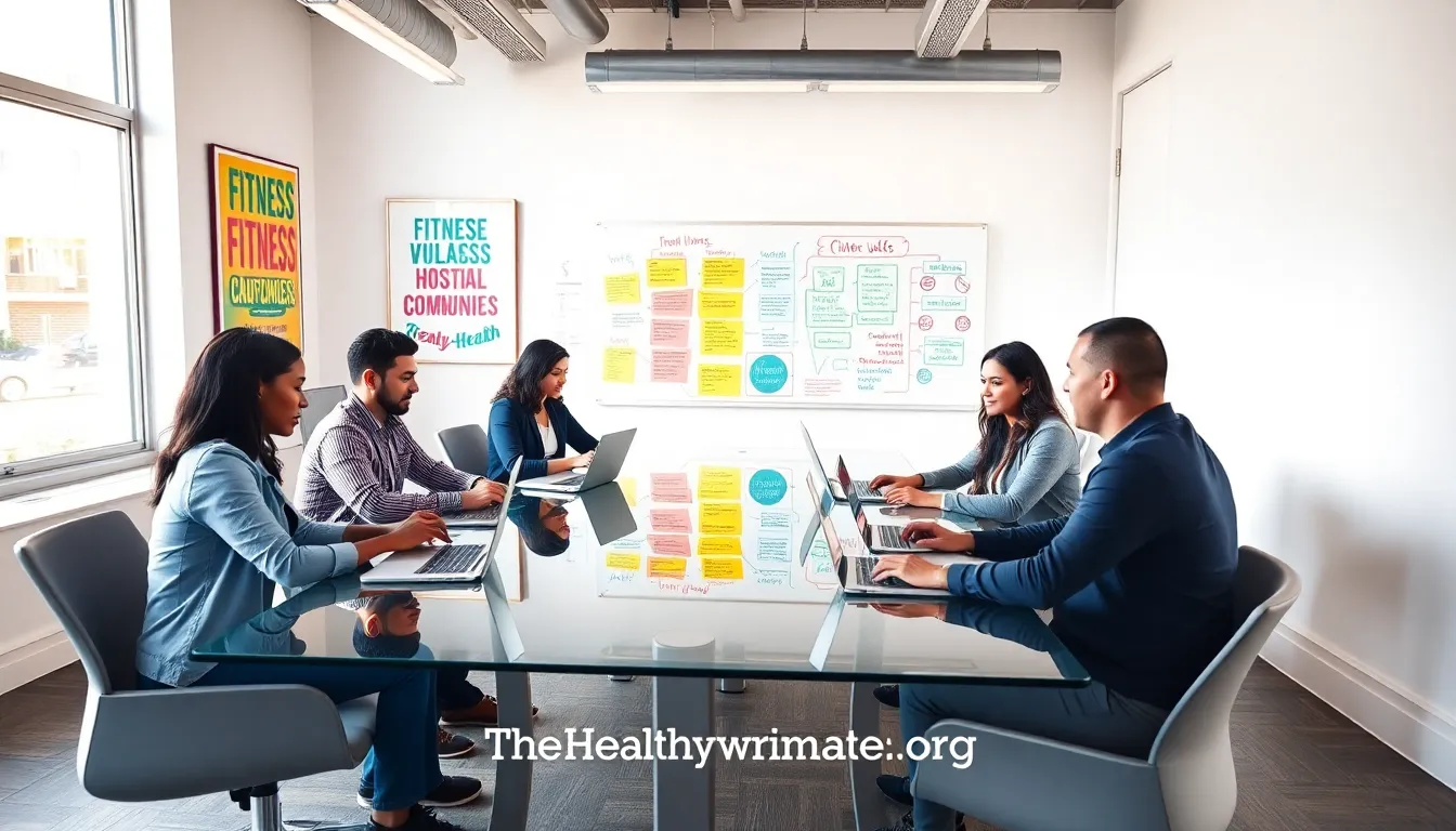 diverse team collaborating on health and wellness topics in an inviting office.