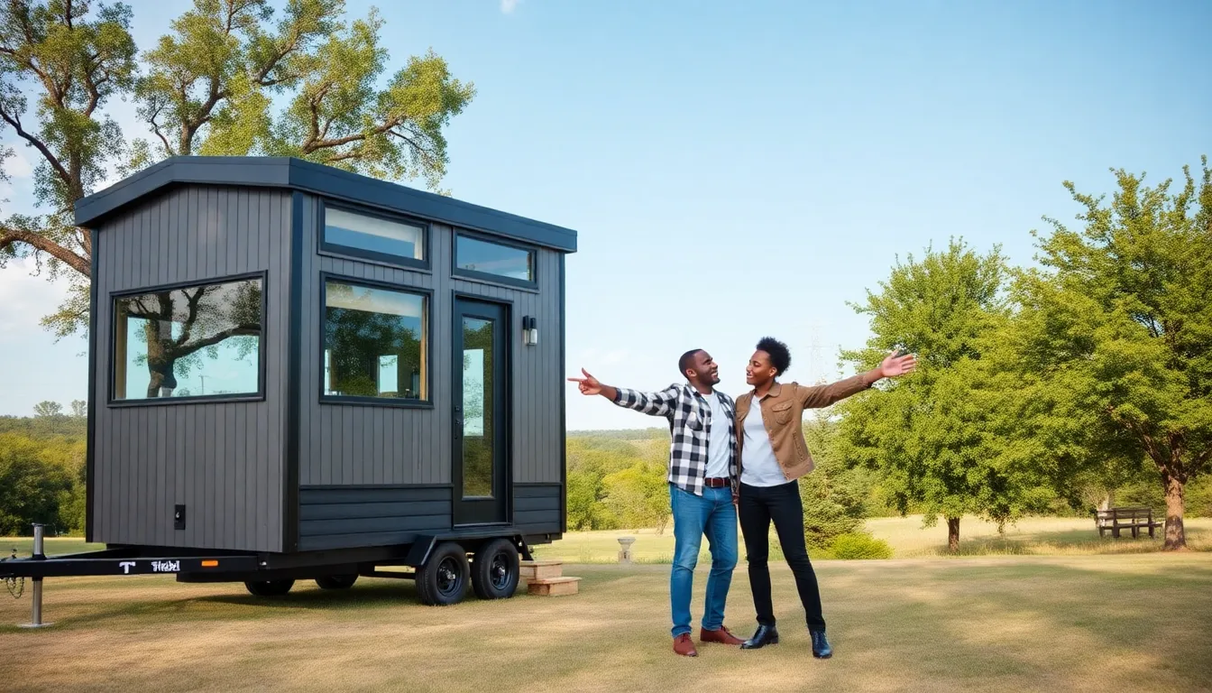 tiny home on a trailer with a couple in a scenic outdoor setting.