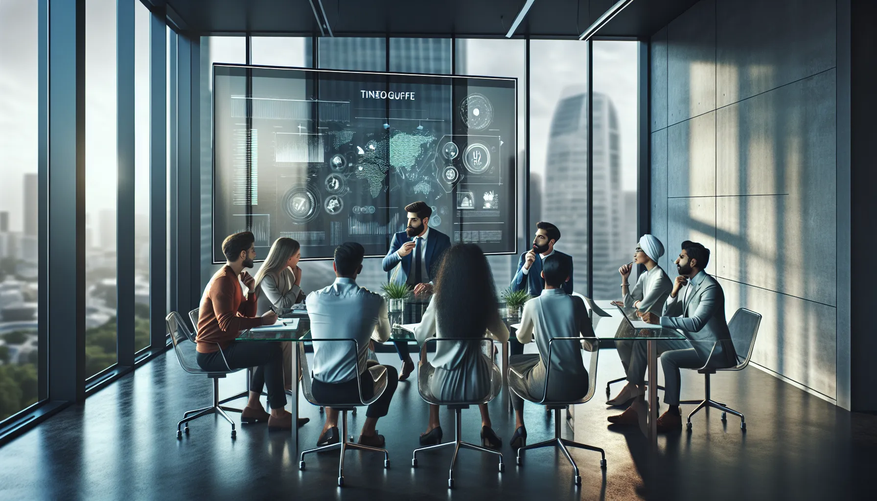 diverse professionals discussing Tineoguffe in a modern office.