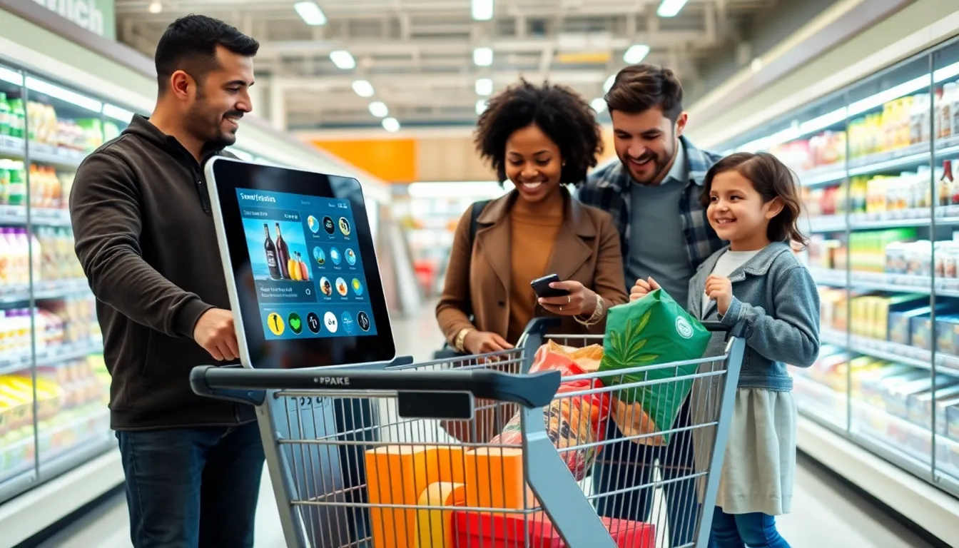 family using a smart shopping cart in a grocery store.