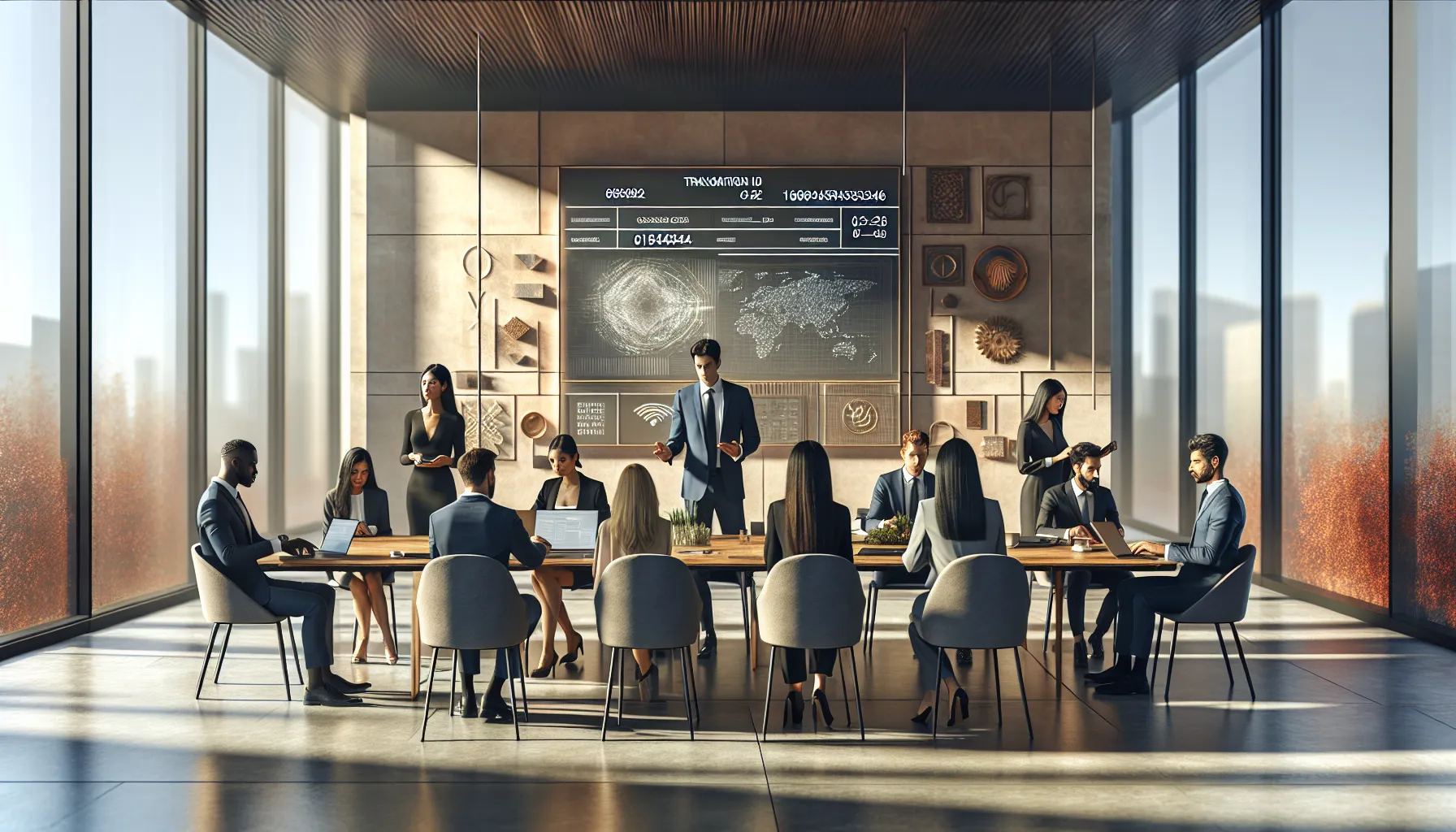 diverse professionals discussing transaction data in a modern office.