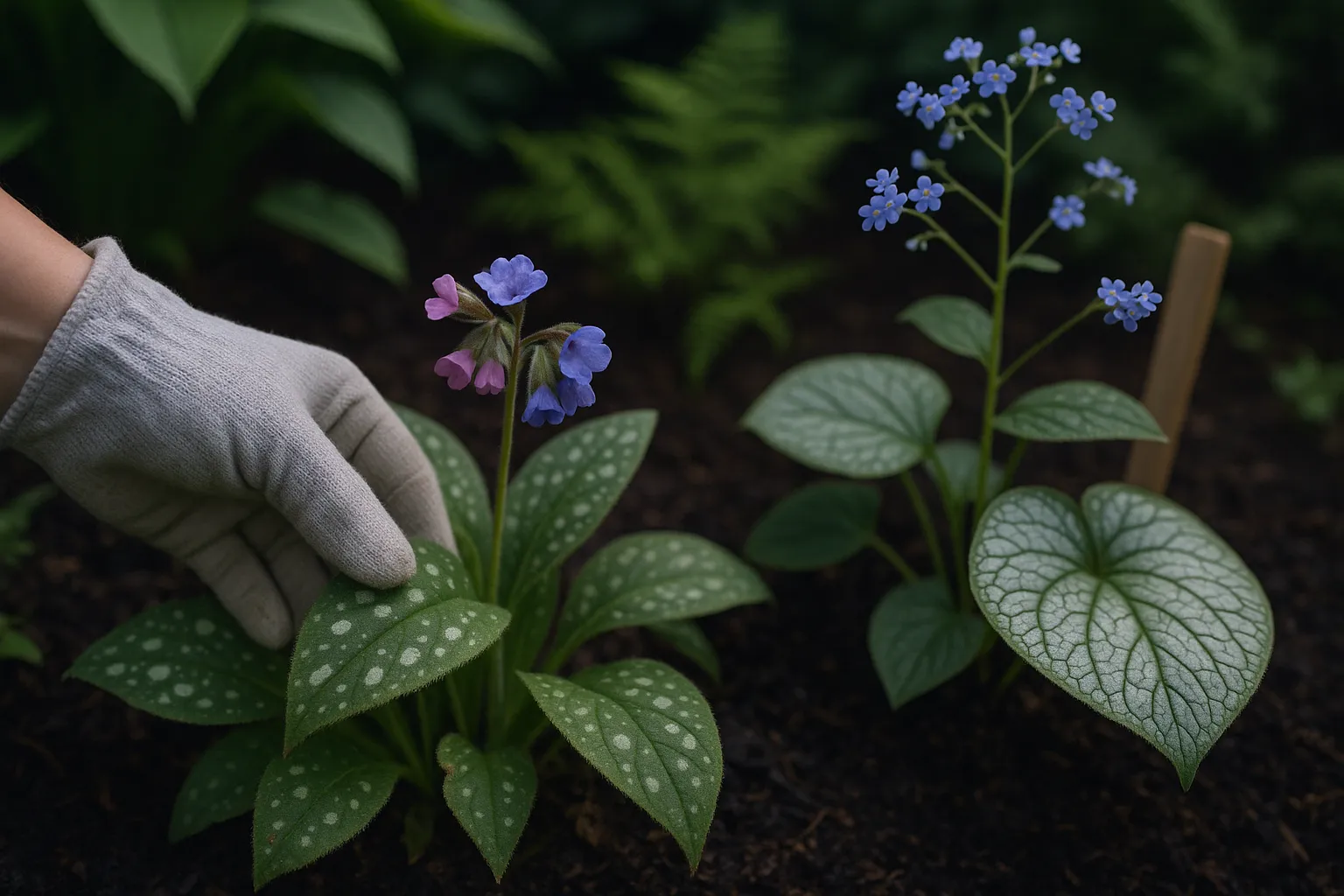 Close-up of Pulmonaria and Brunnera leaves and flowers in a spring garden.