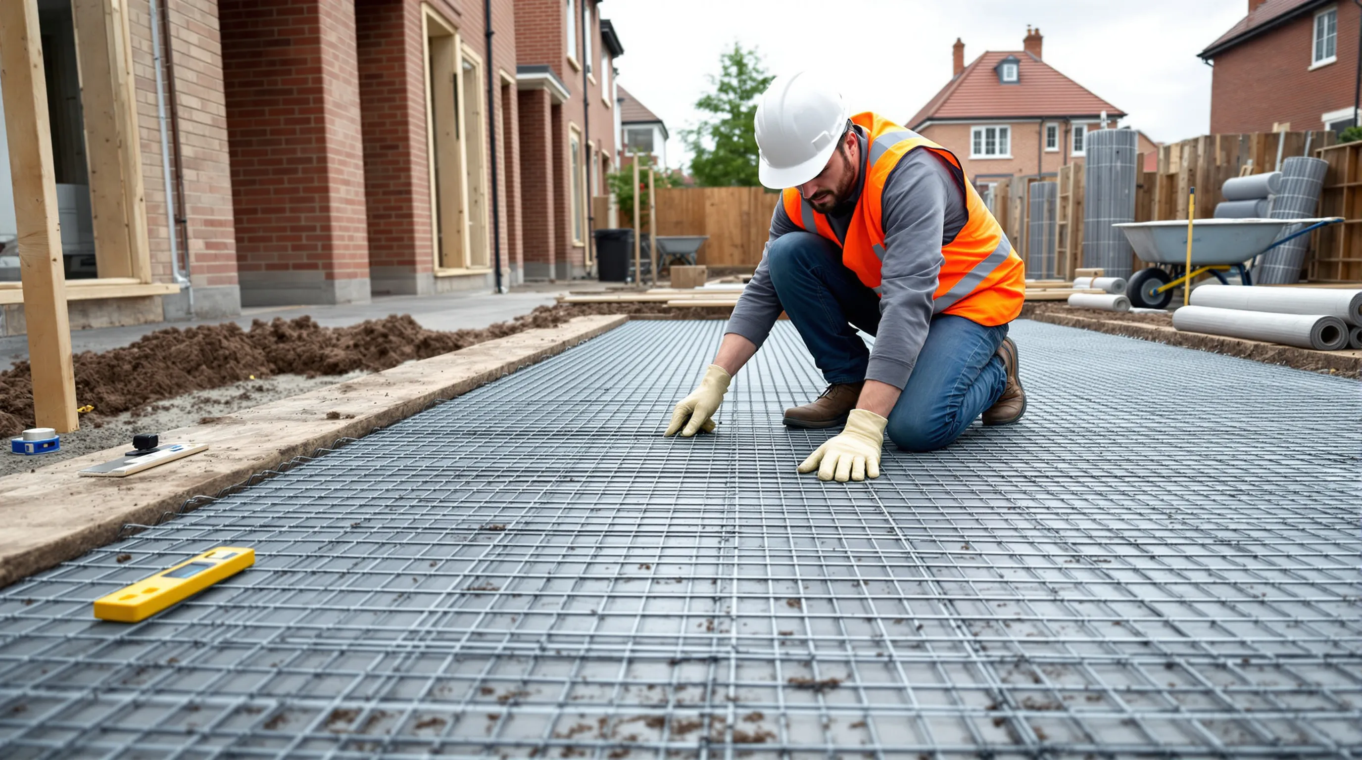 Construction worker positioning steel reinforcement mesh on concrete slab at UK residential building site.