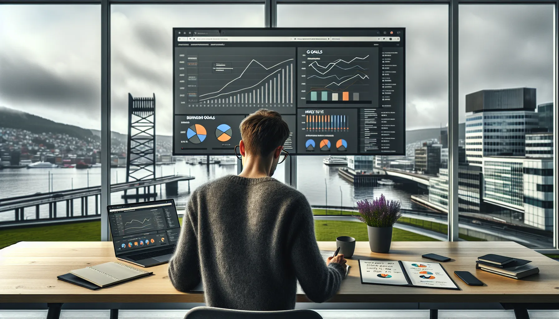 Norwegian marketer reviews seo roadmap, timeline, and budget in an oslo office.