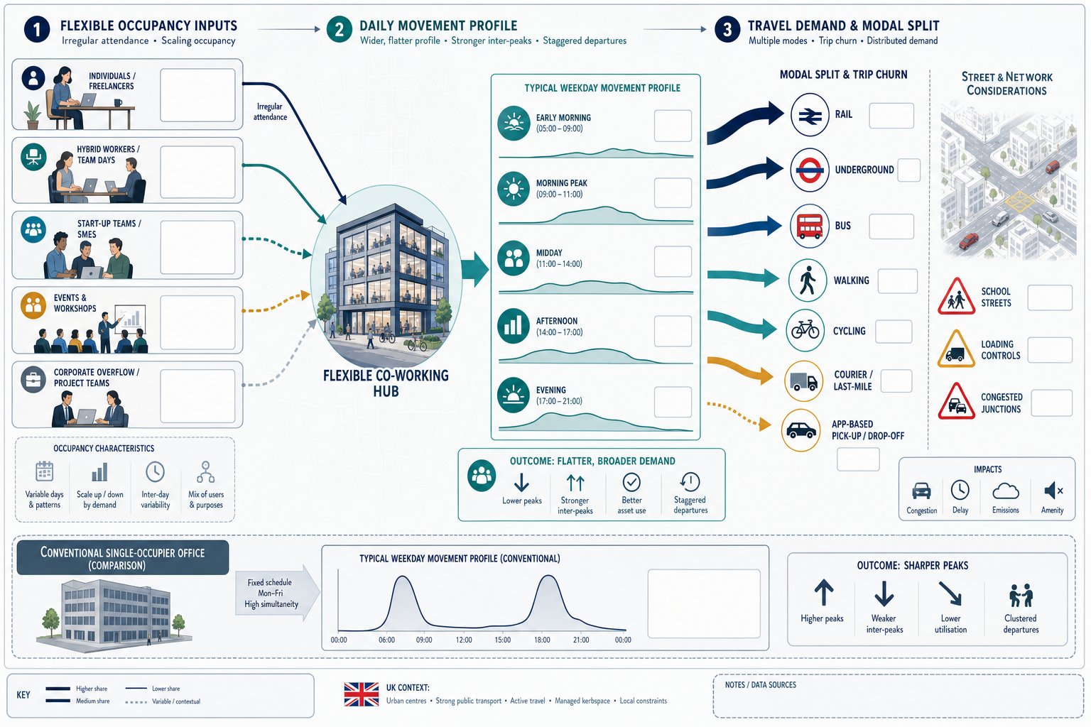 Infographic showing how co-working spaces change travel patterns and trip demand.