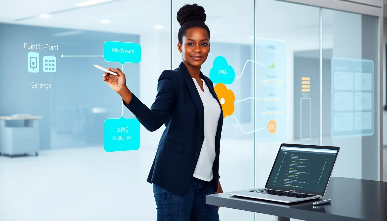 Software architect pointing at a glass wall explaining integration diagrams.