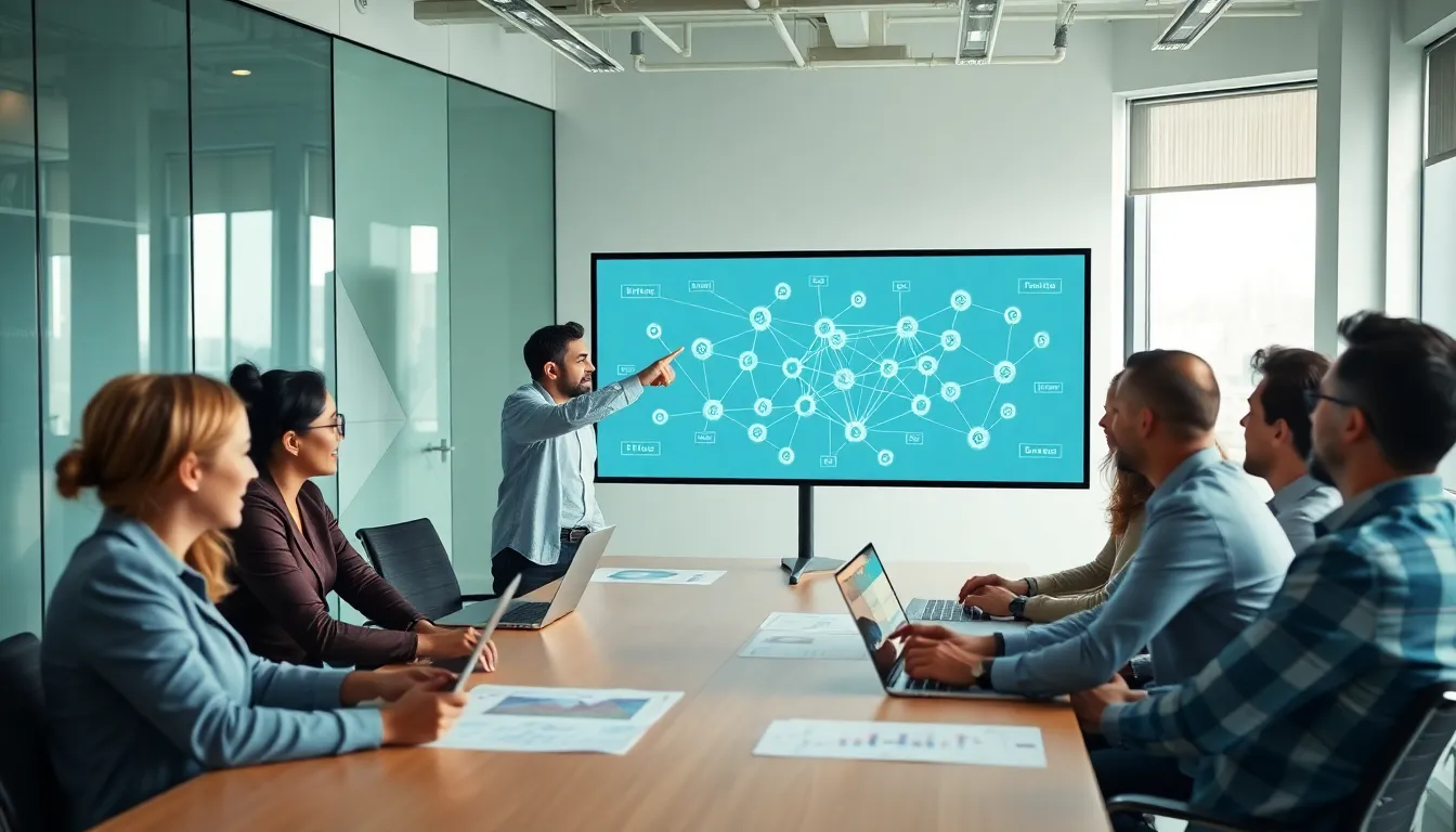 diverse professionals discussing blockchain technology in a modern office.