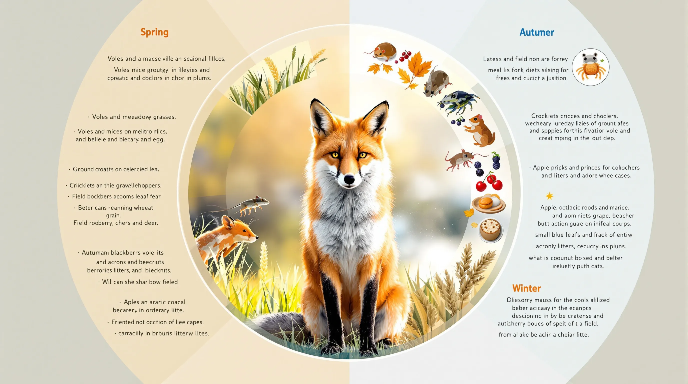 Red fox with seasonal diet icons for Croatia’s spring, summer, autumn, winter.