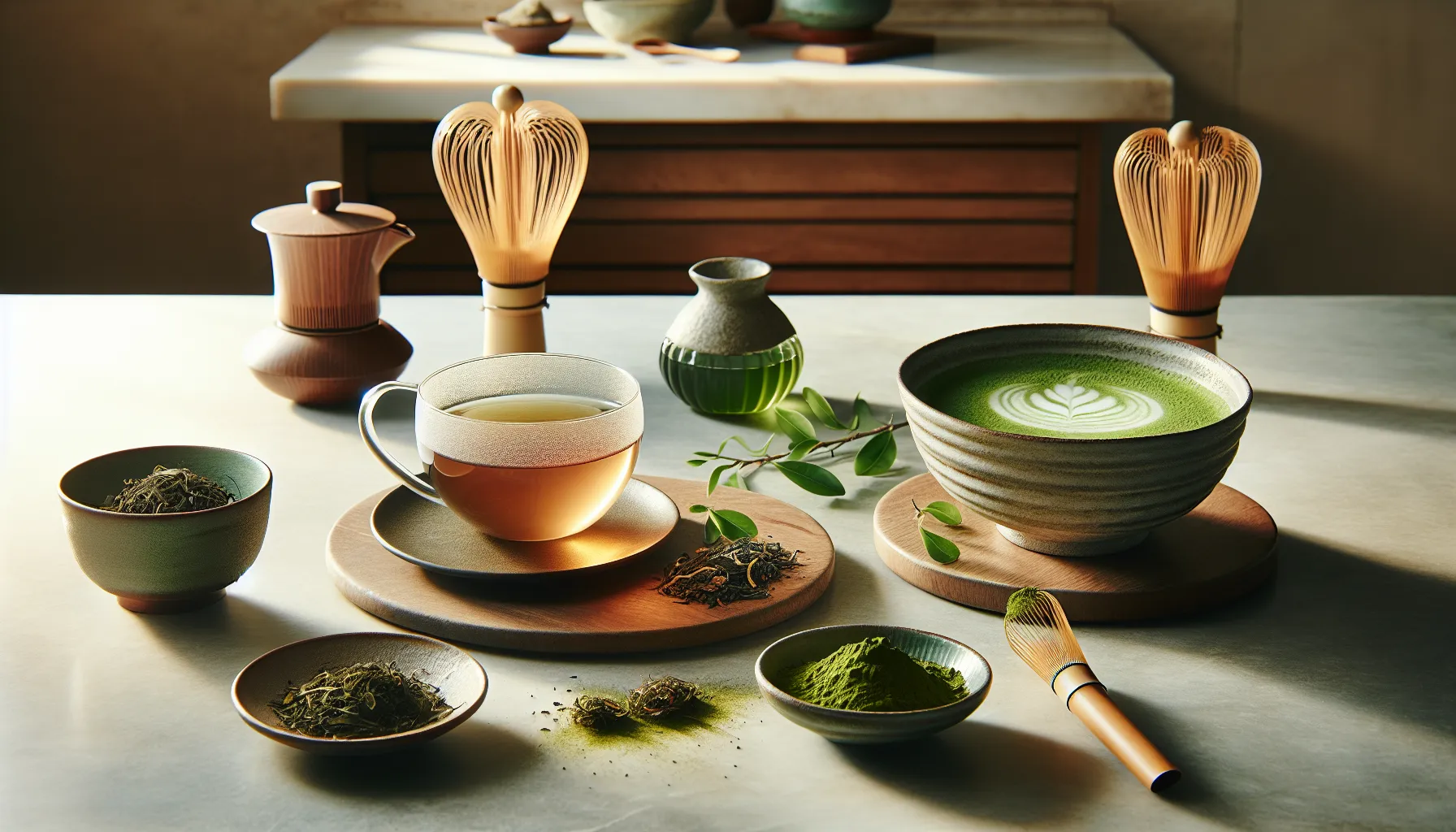 A visual comparison of green tea and matcha on a kitchen countertop.
