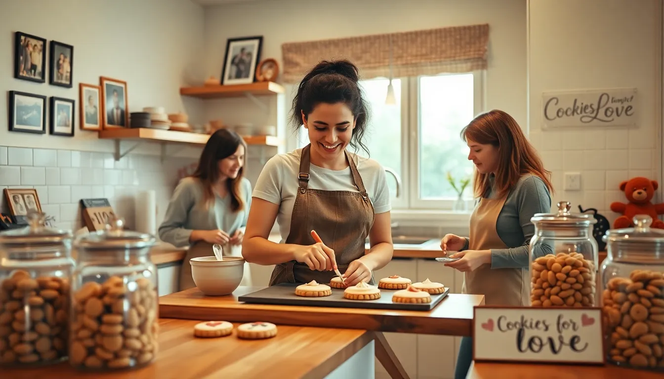 diverse group baking cookies in a warm kitchen setting.
