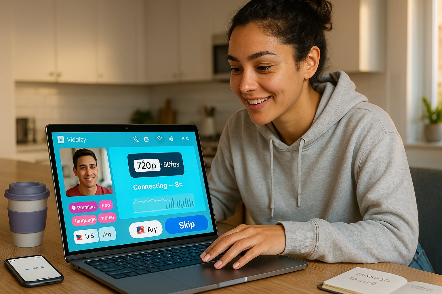 User at laptop using Viddizy, video-chat UI with brand-colored buttons.