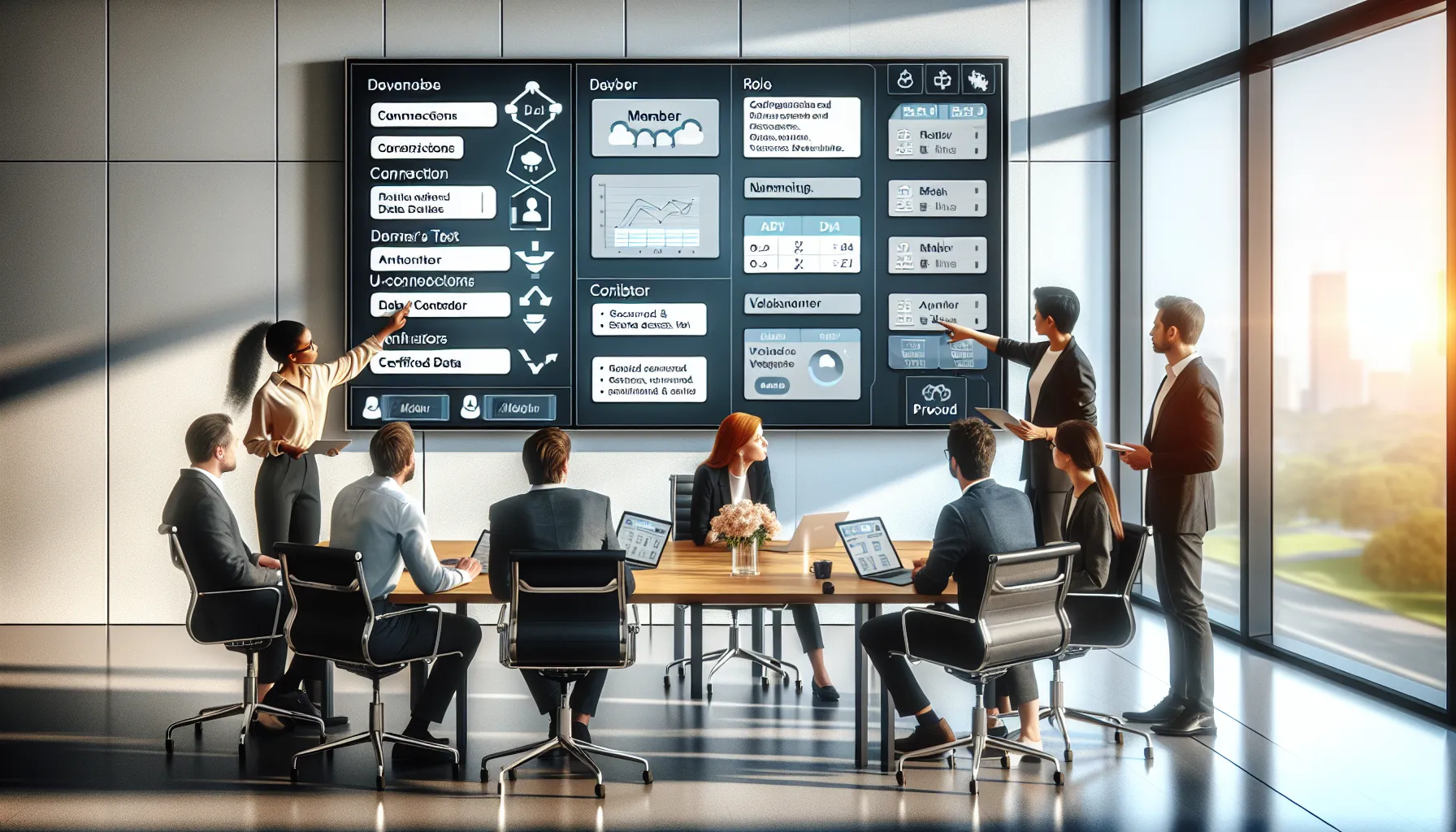 Team reviewing shared Power BI workspace roles and governance in a modern office.
