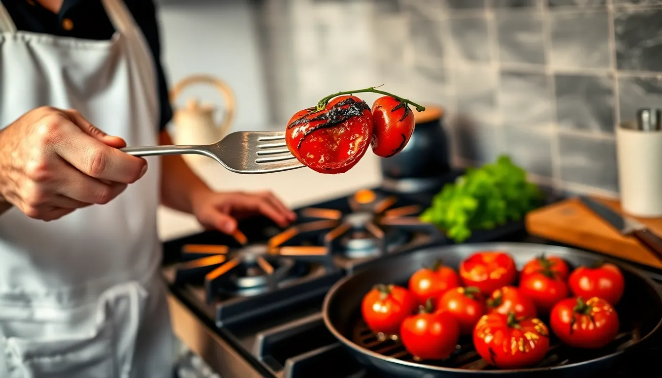 Chef holding charred fire roasted tomatoes in a modern kitchen.