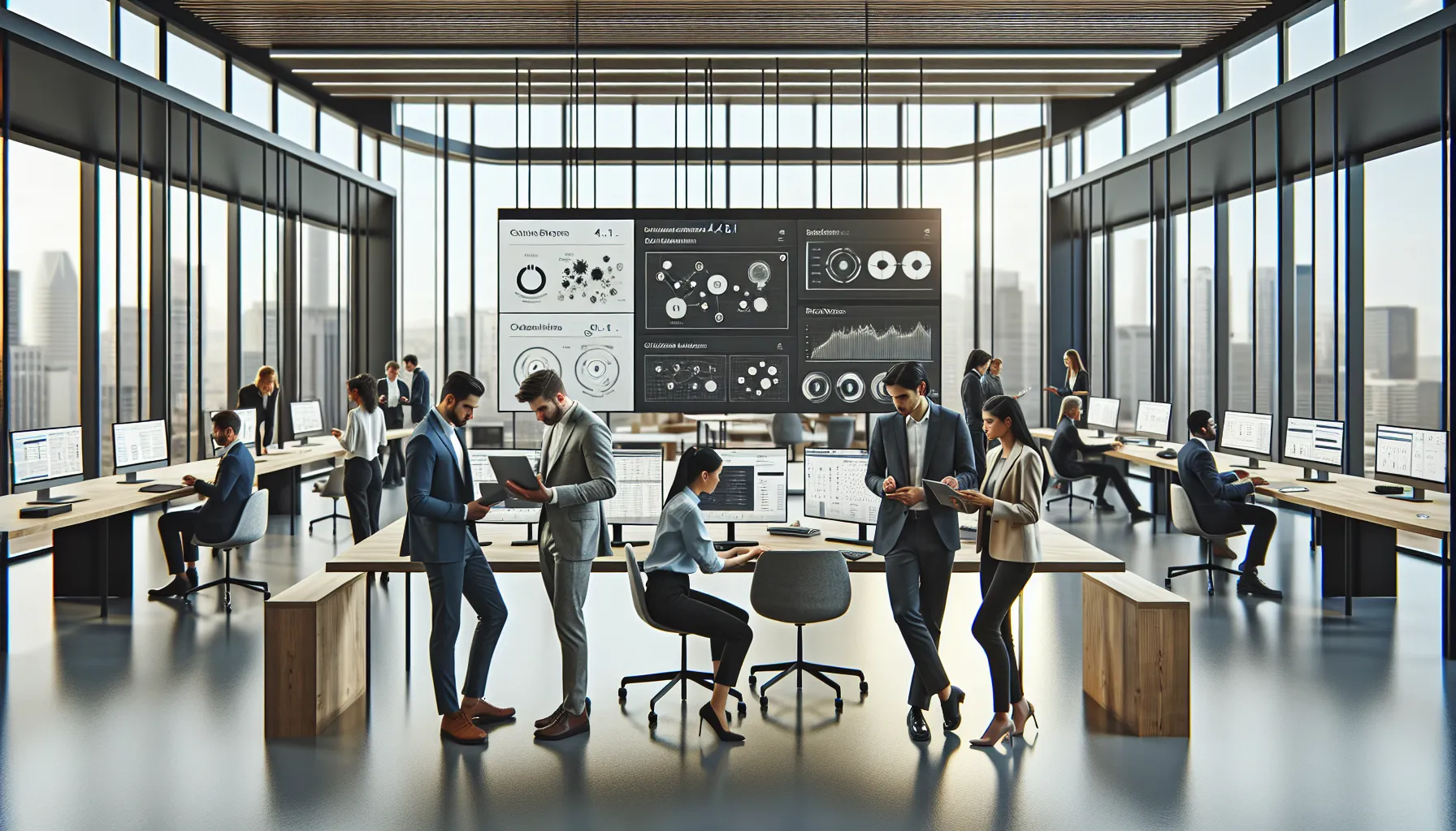 diverse professionals collaborating in a modern office using Moxhit software.