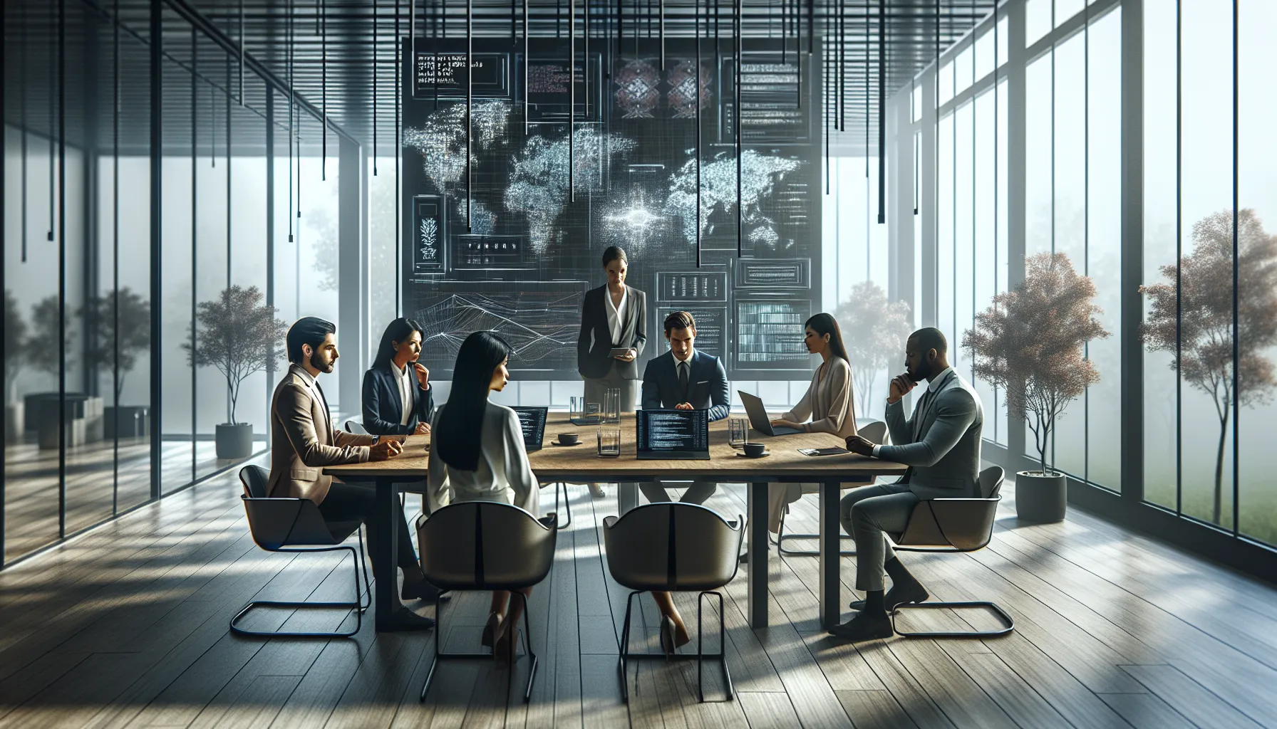 diverse team discussing data insights in a modern office.