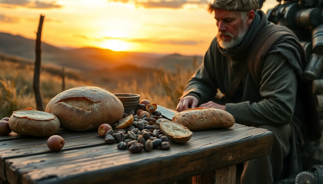medieval traveler preparing food outdoors for a journey.