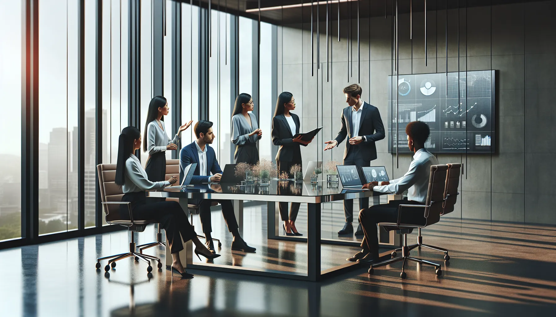 diverse professionals collaborating on data identifiers in a modern office.