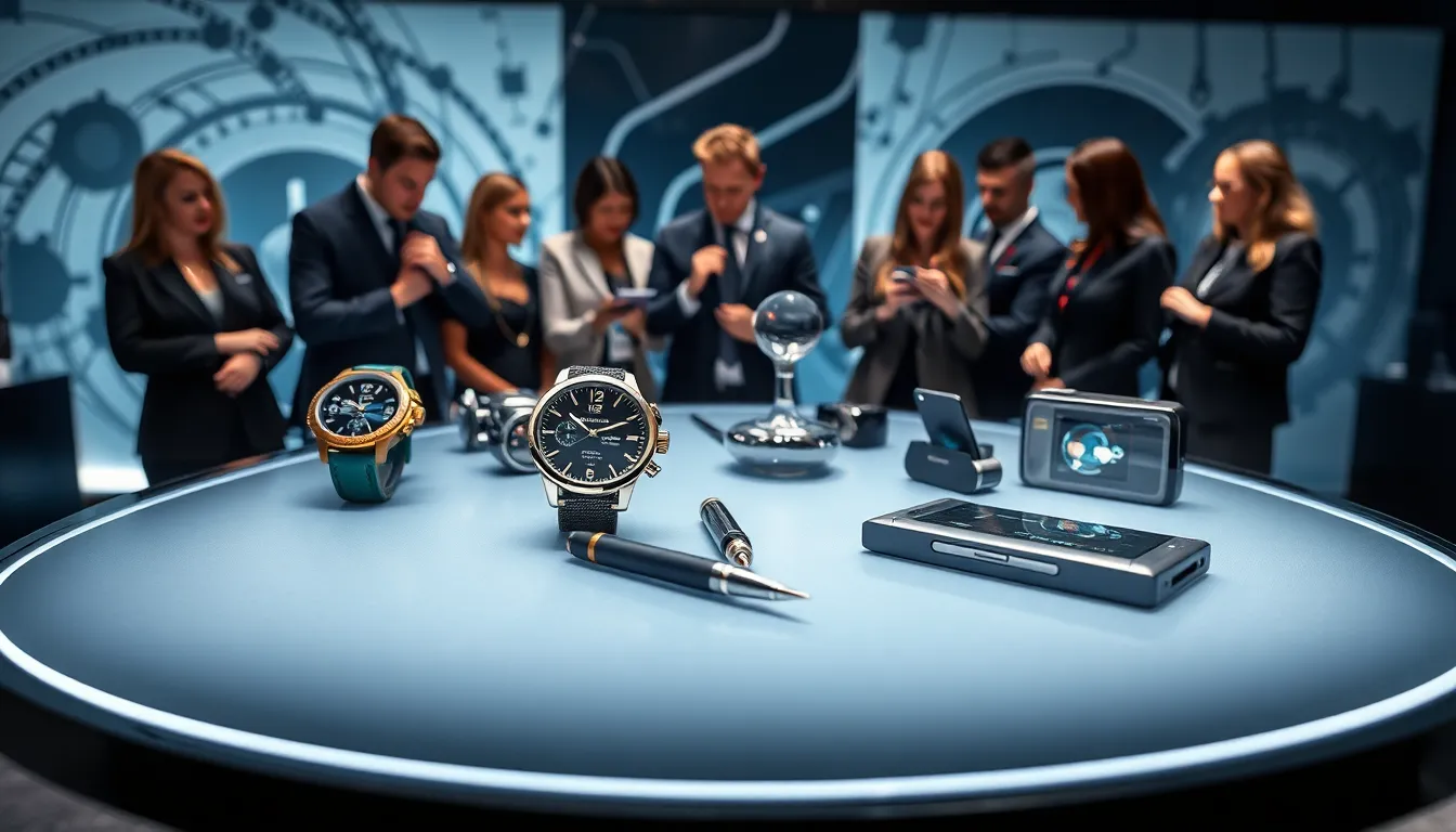 showcase of iconic James Bond gadgets in a sleek modern setting.