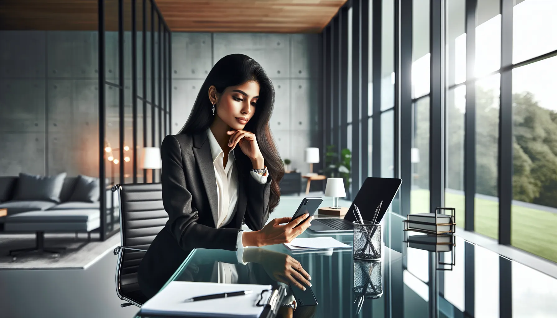 Professional managing call from an unknown number in a modern office.