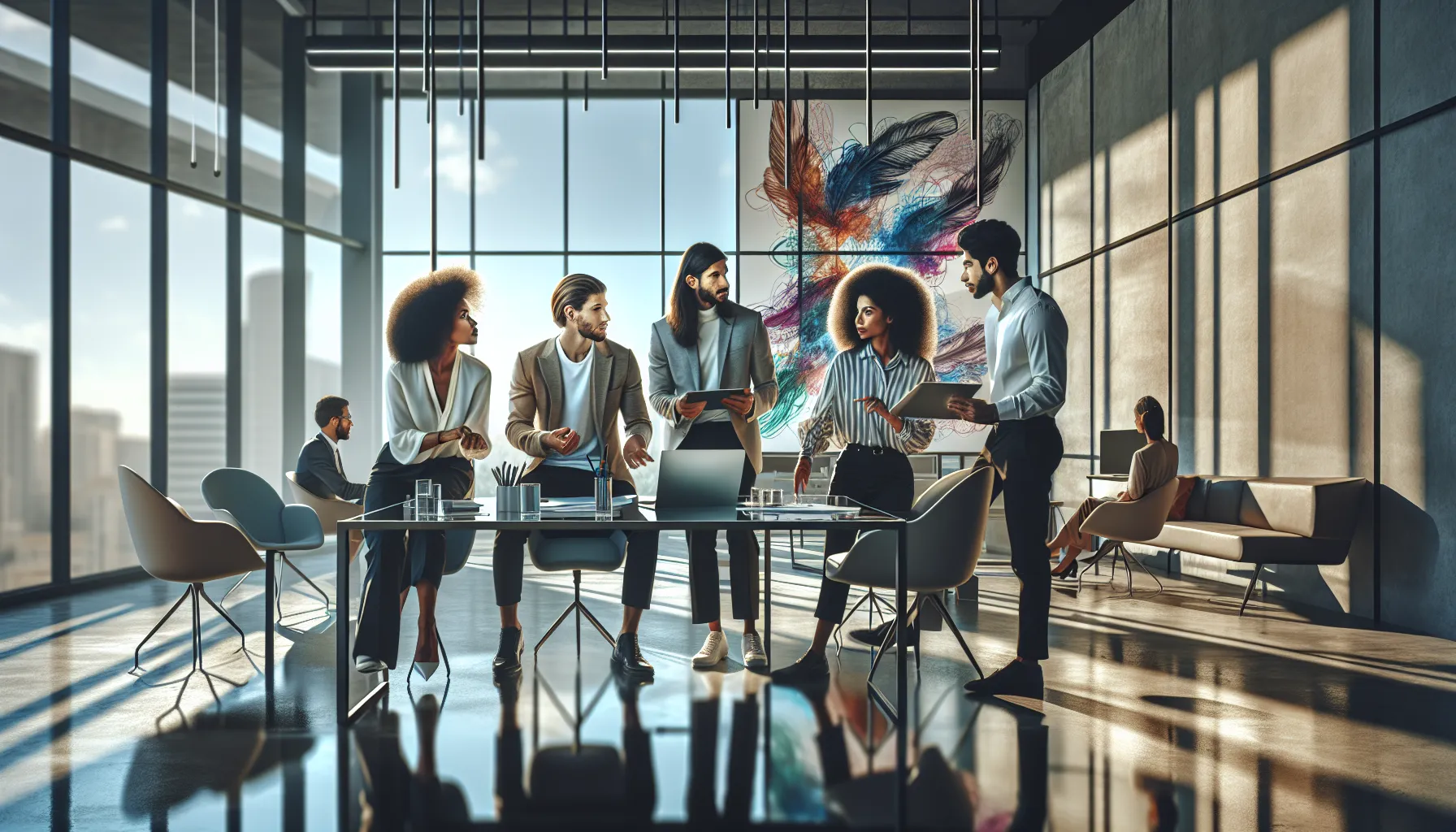 a diverse team collaborating in a modern co-working space.