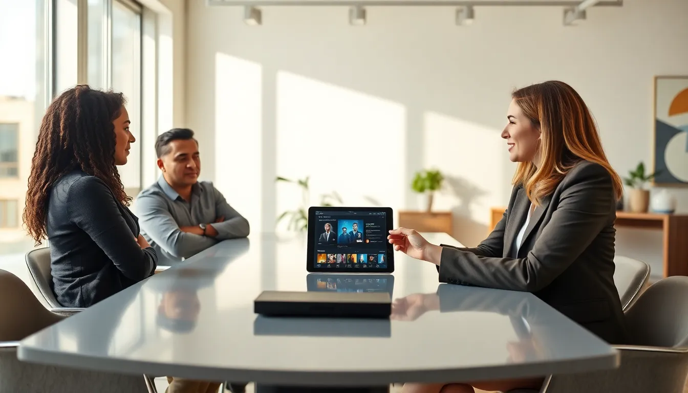 professionals discussing screen time in a modern office.