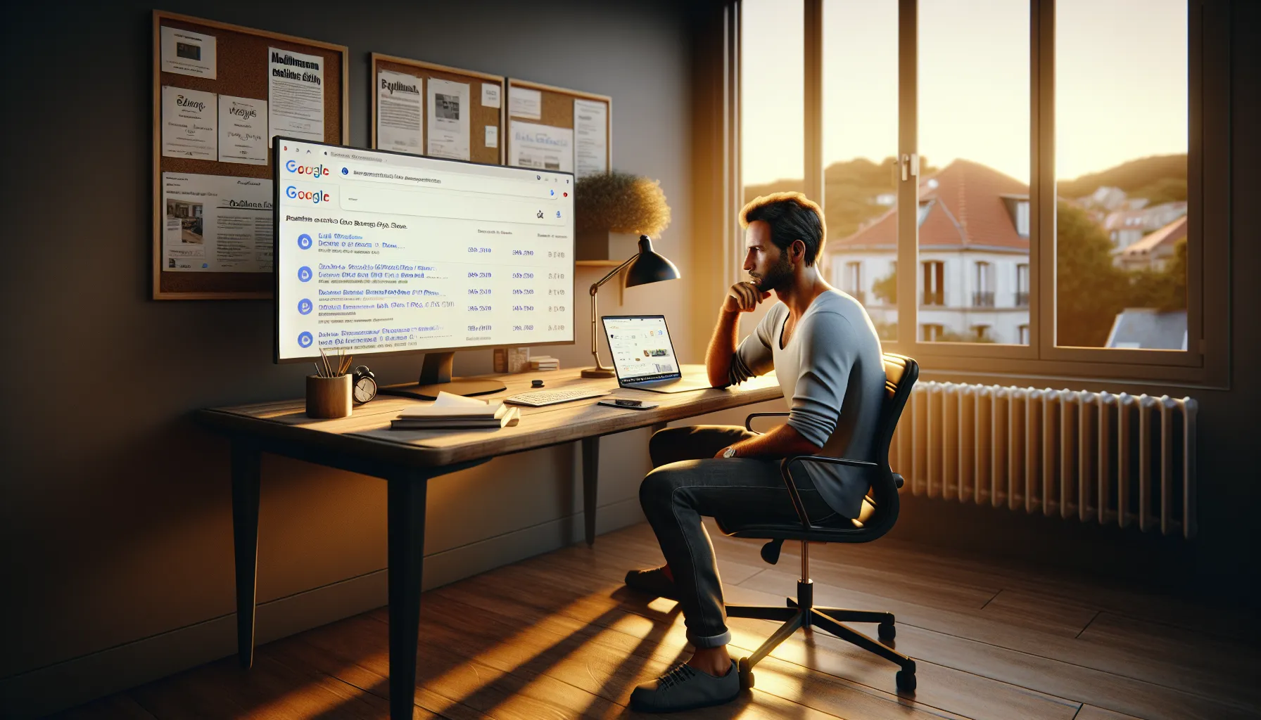 Local business owner in Alfortville studying Google search results and competitors on screen.