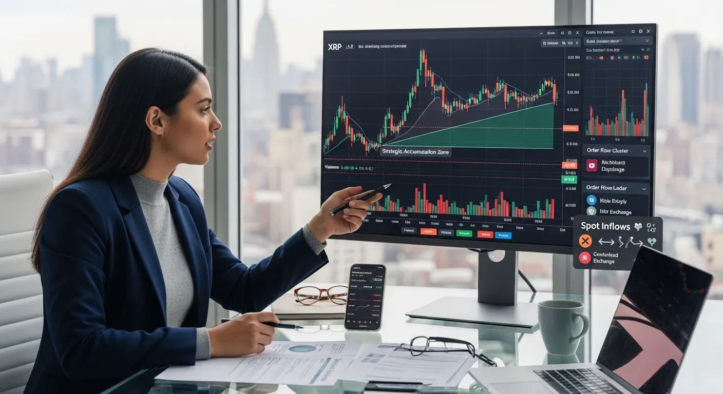 Trader pointing to XRP chart showing wedge and $10 accumulation zone.
