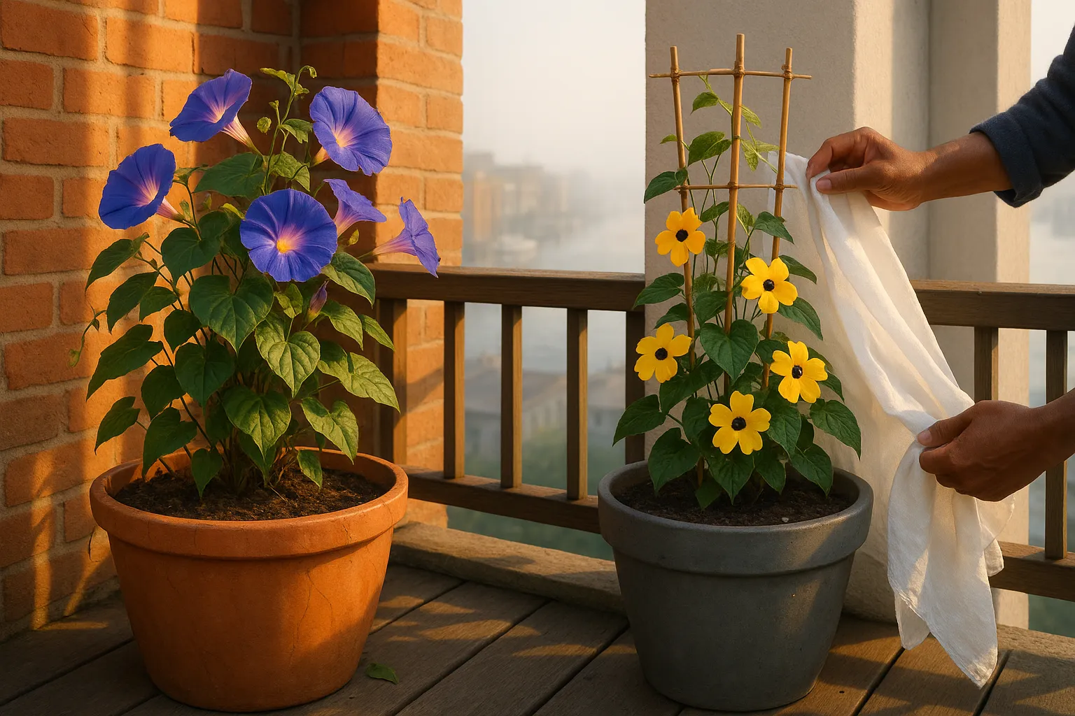Two large pots comparing sunlit morning glory and shaded black-eyed Susan vine on a balcony.