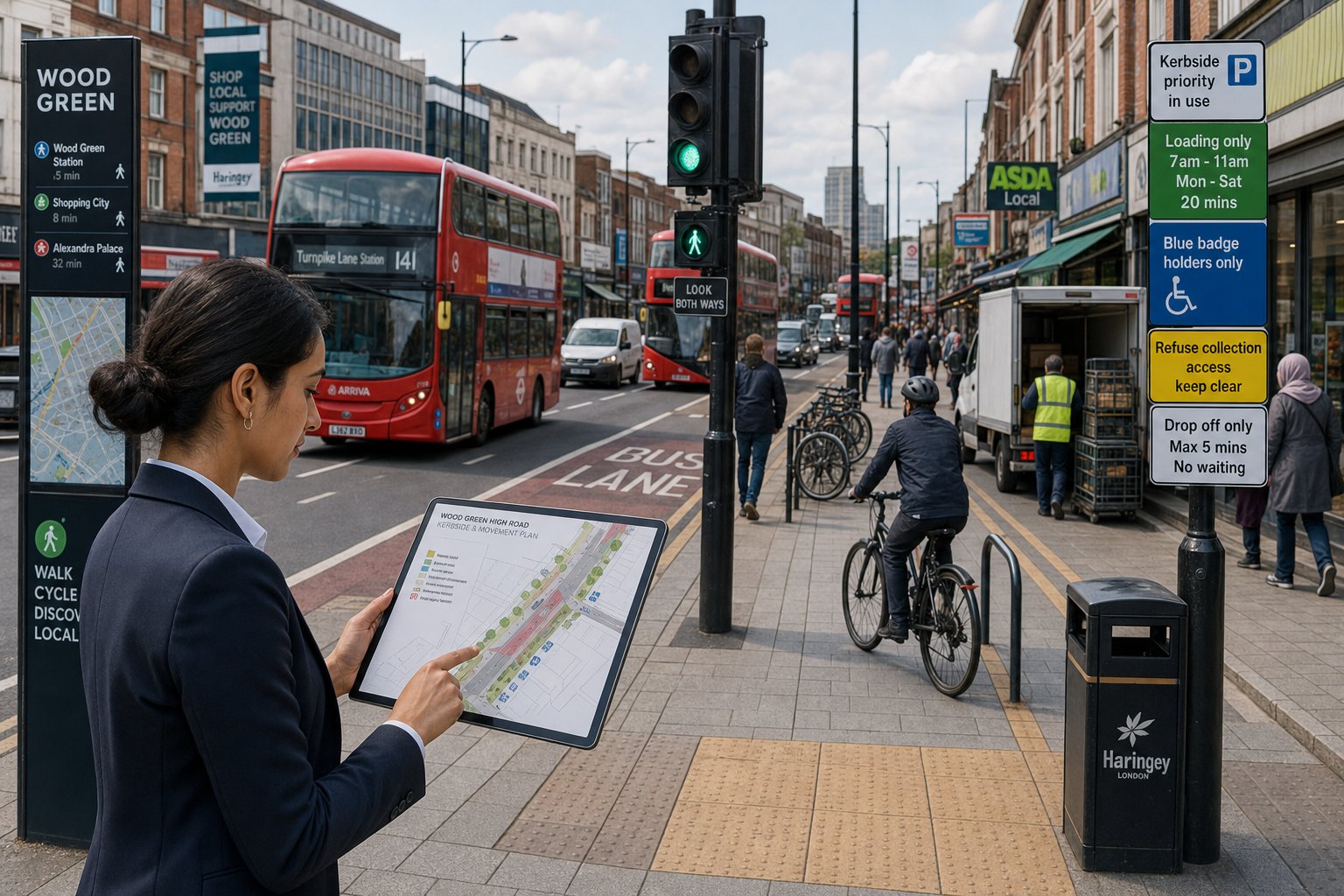 Traffic engineer assessing busy Wood Green street and kerbside transport constraints.