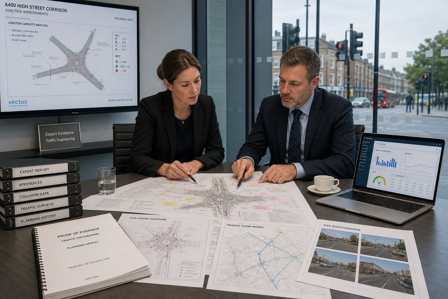 Traffic engineering expert reviewing road plans with legal team in UK office.