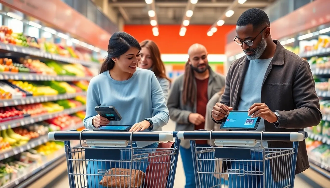diverse shoppers using smart shopping carts in a modern grocery store.