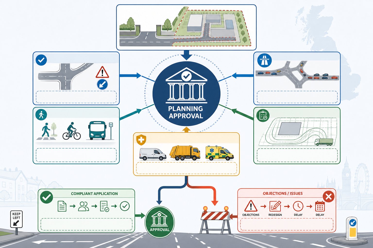 Infographic showing key access strategy factors affecting UK planning application approval.