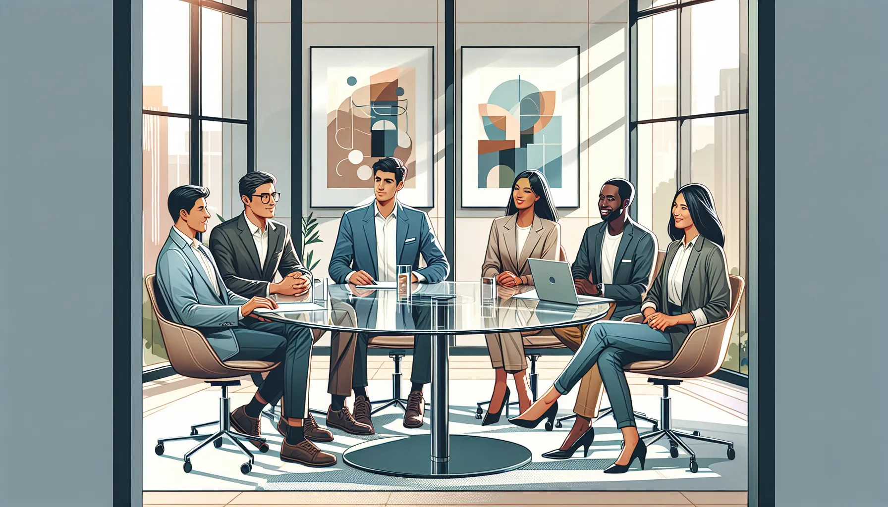 diverse professionals discussing cultural topics around a modern table.