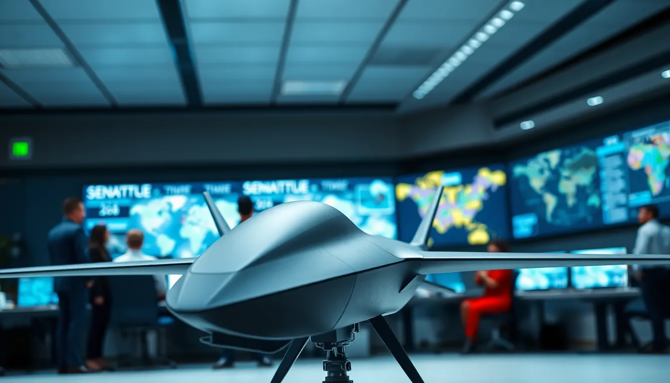 modern military drone in a high-tech command center.