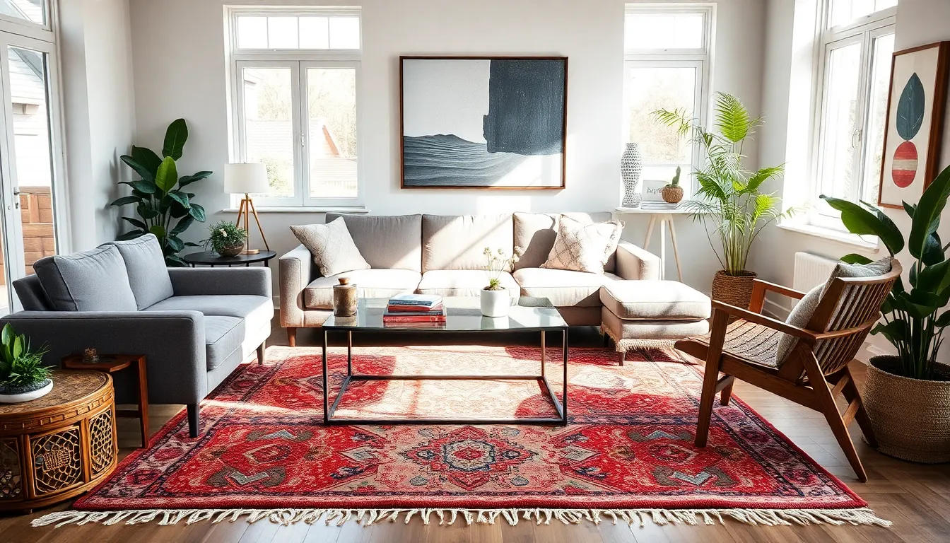 modern living room showcasing a blend of decor styles.