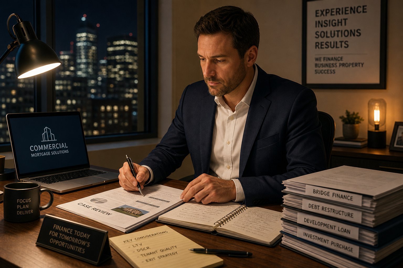 Commercial mortgage broker working late in an office on a business property finance case.