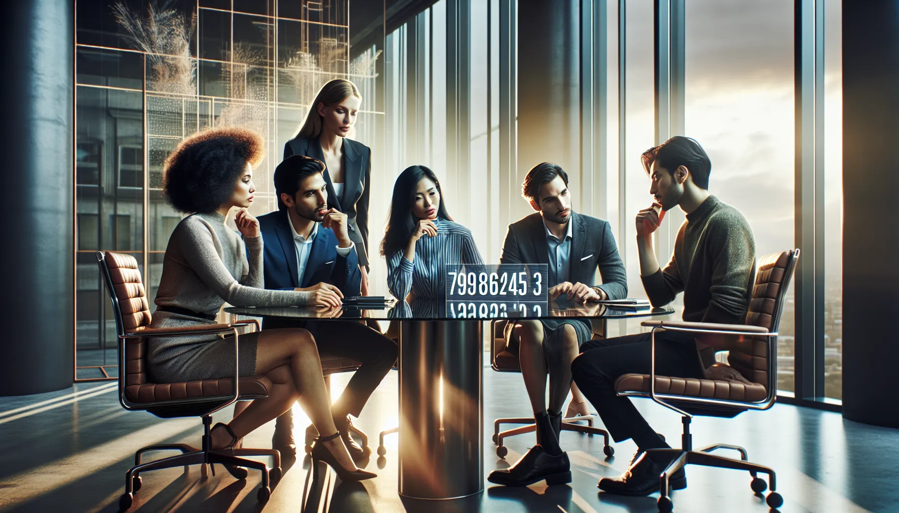 diverse team brainstorming with the number 7986244553 in focus.