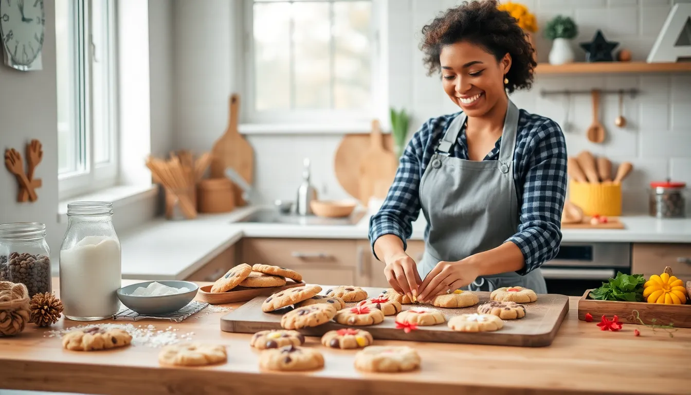 a baker decorating cookies in a cozy kitchen.