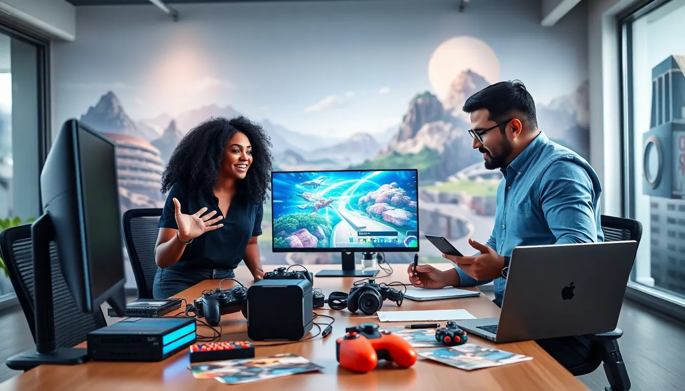 diverse team collaborating in a modern gaming development office.