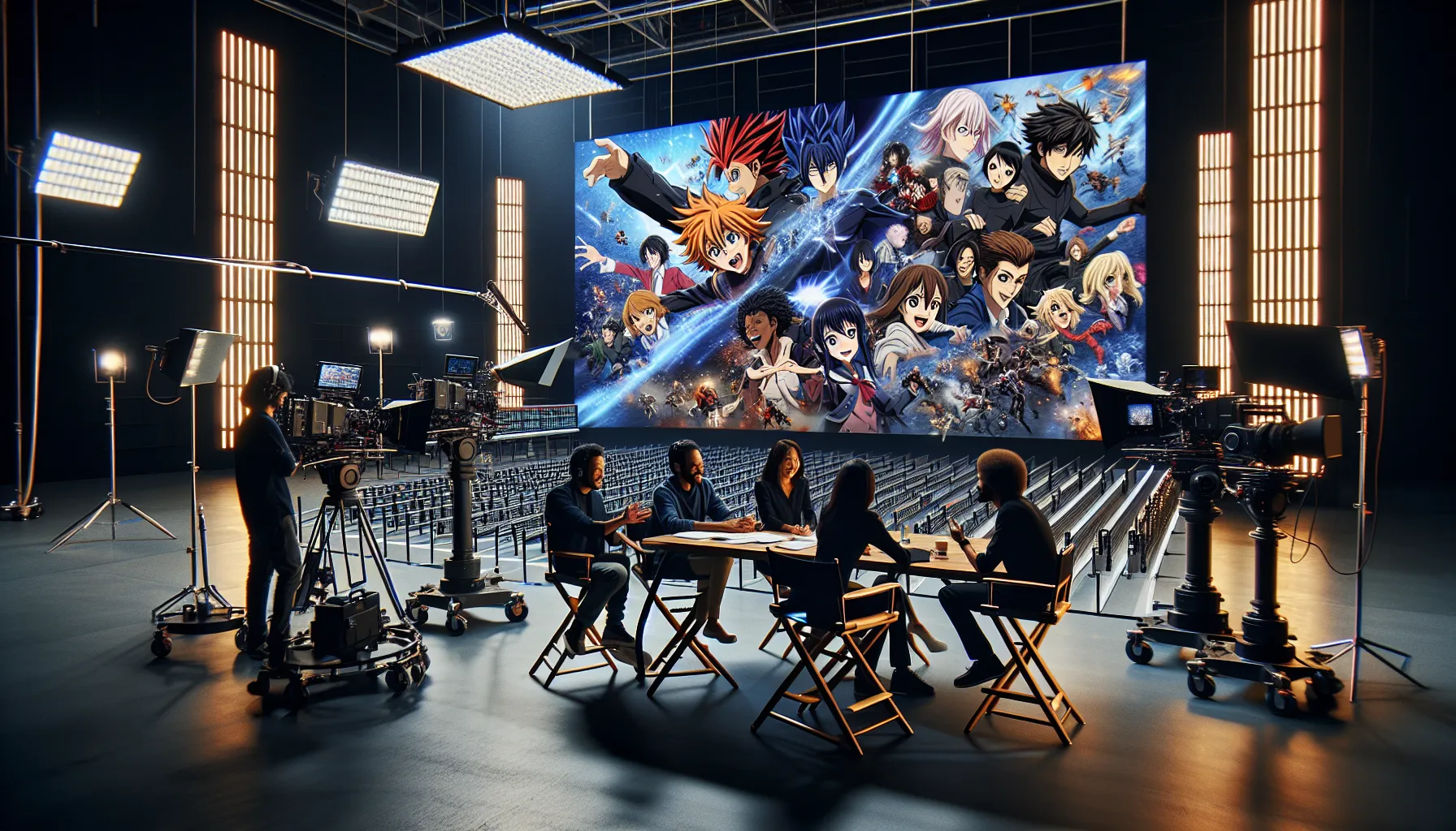 diverse team brainstorming in a modern film studio for anime adaptation.