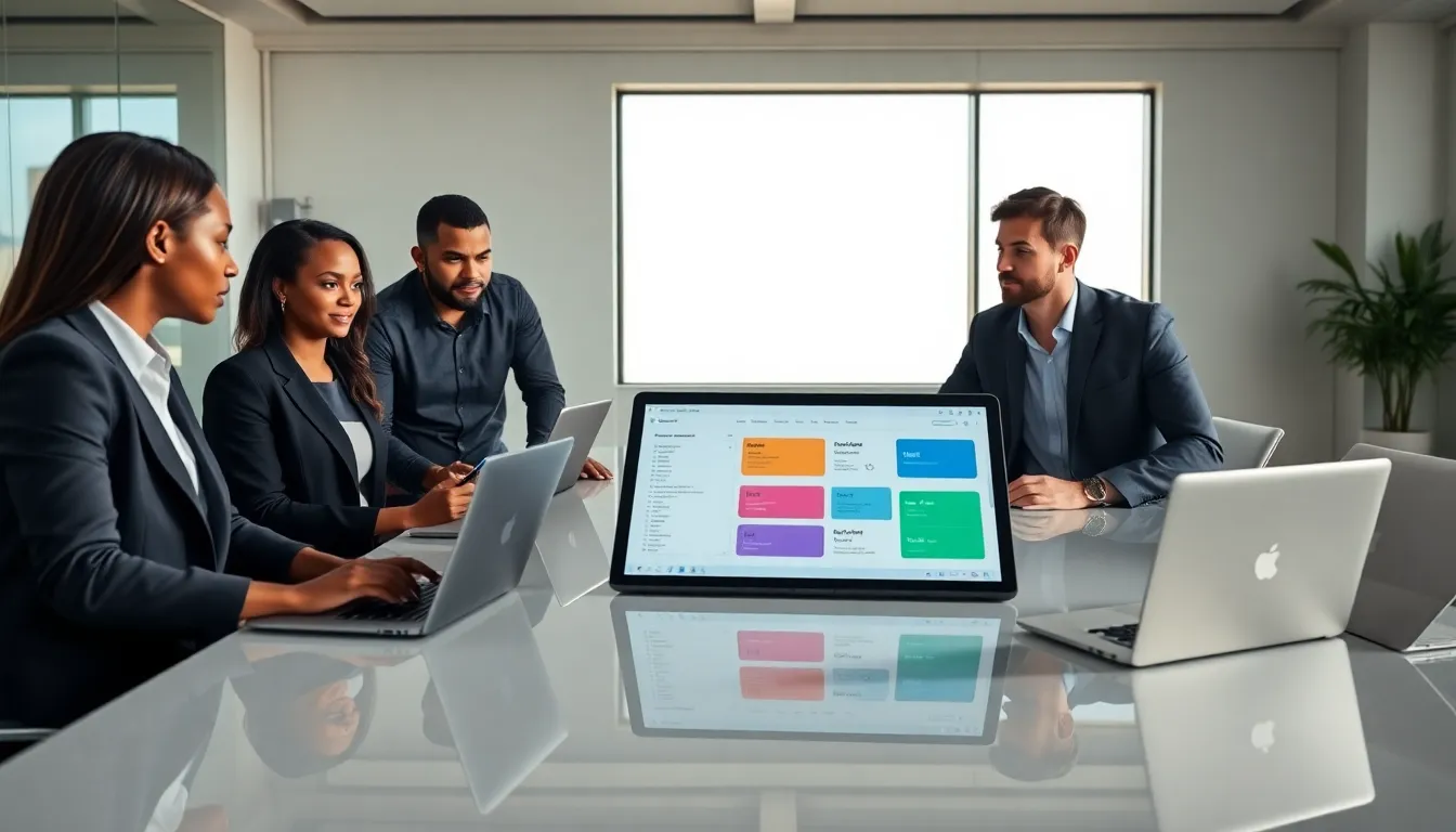 diverse team collaborating on low code technology in a modern office.