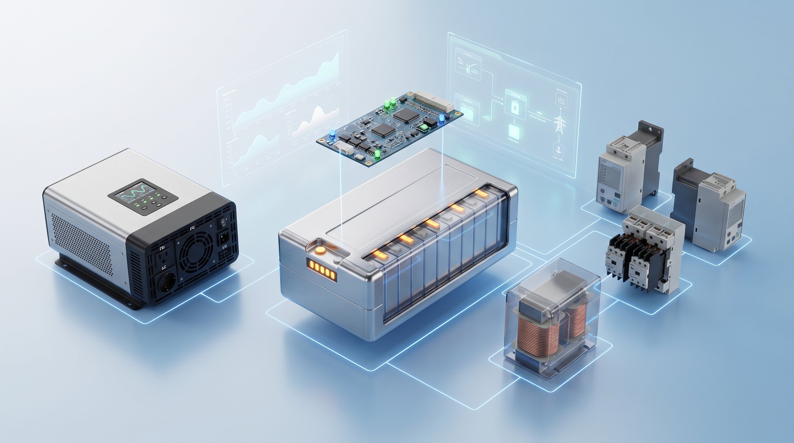 3D exploded view of grid-connected battery energy storage system components with inverter and management systems.