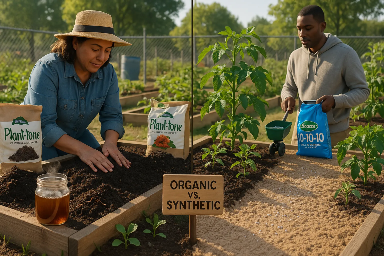 Two gardeners comparing compost and granular synthetic fertilizer in a community garden.