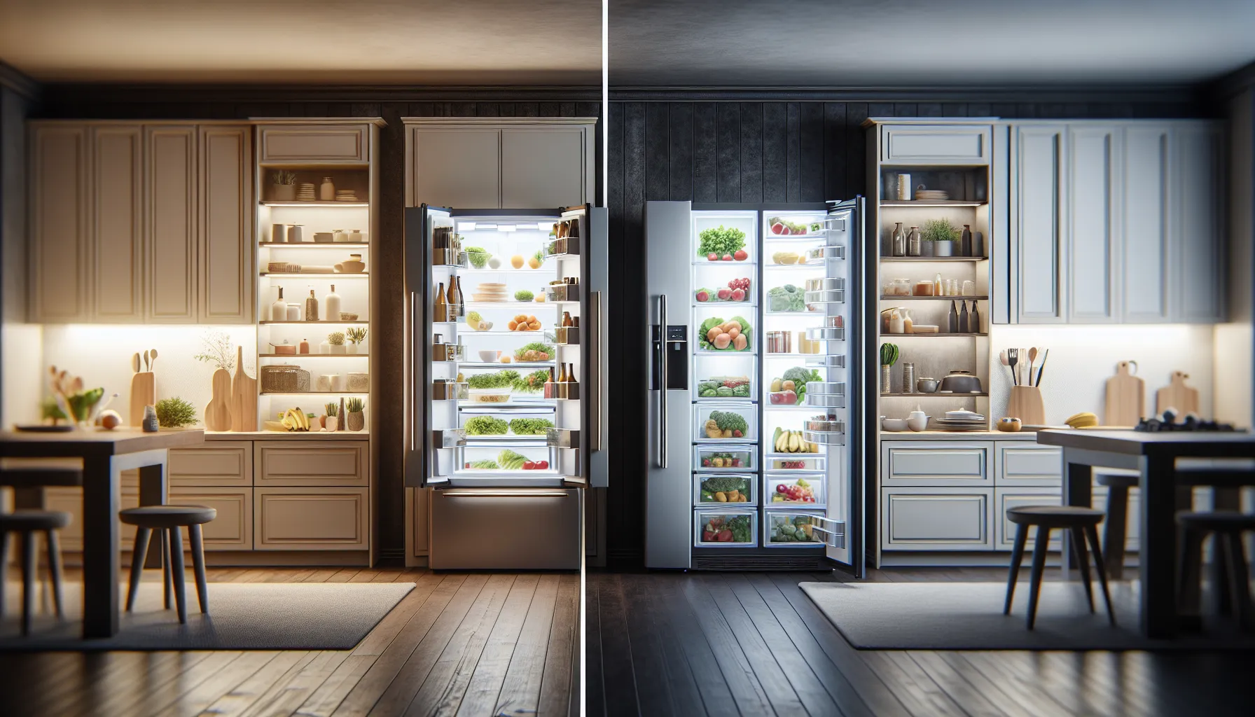 A modern kitchen showcasing French Door and Side-by-Side refrigerators with open doors.