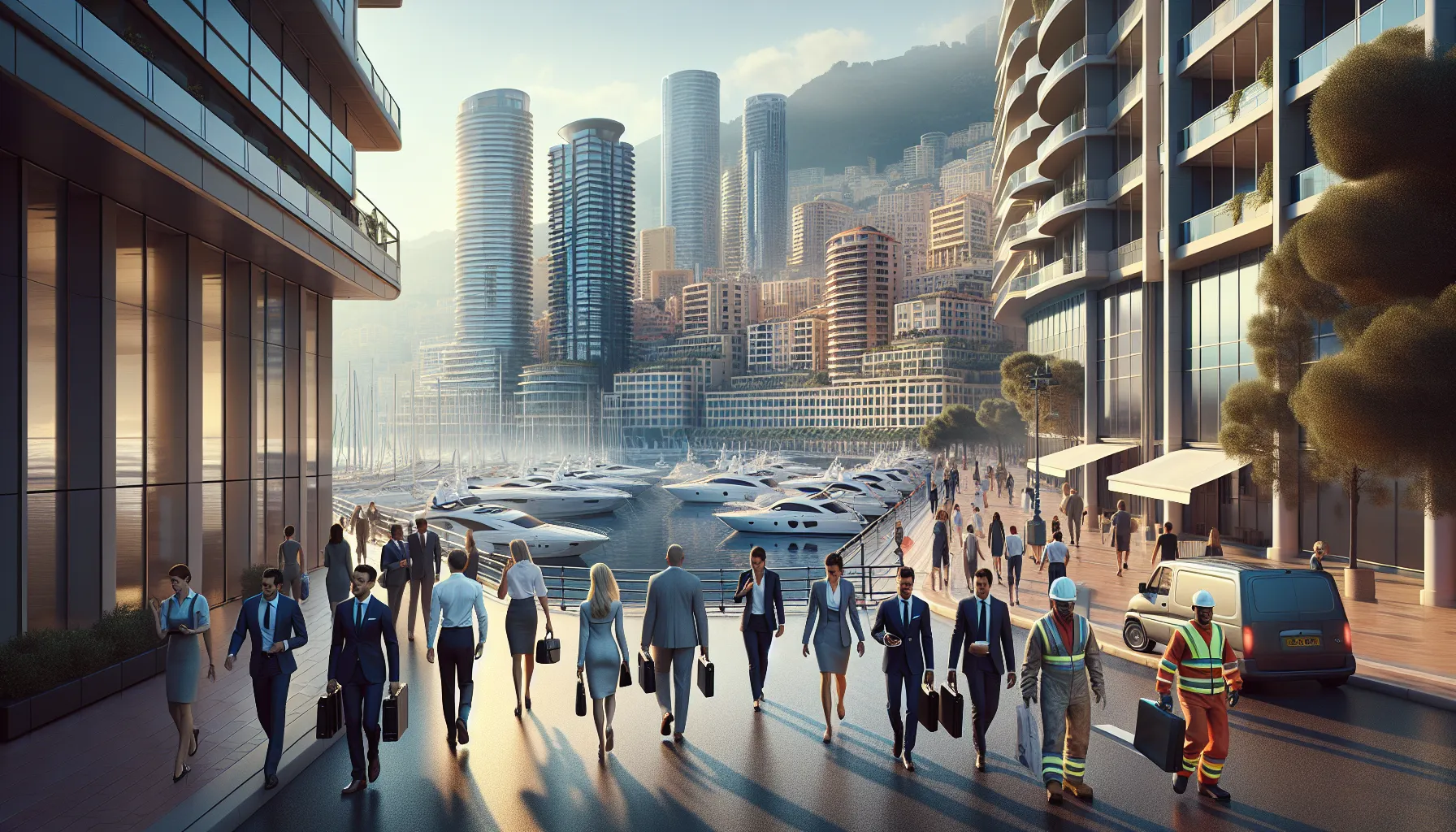 Professionals and service workers commuting through Monaco’s modern harborfront business district.
