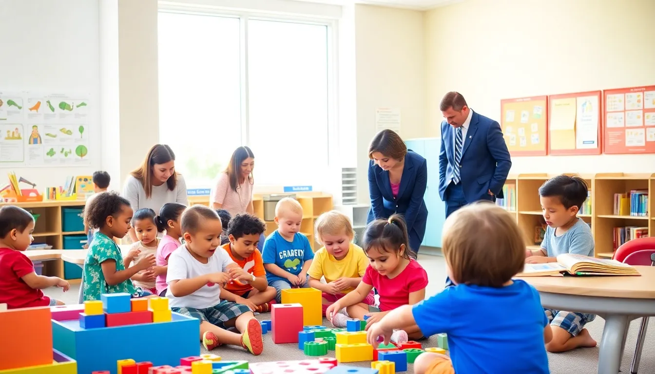 children exploring learning activities in a bright, modern classroom.