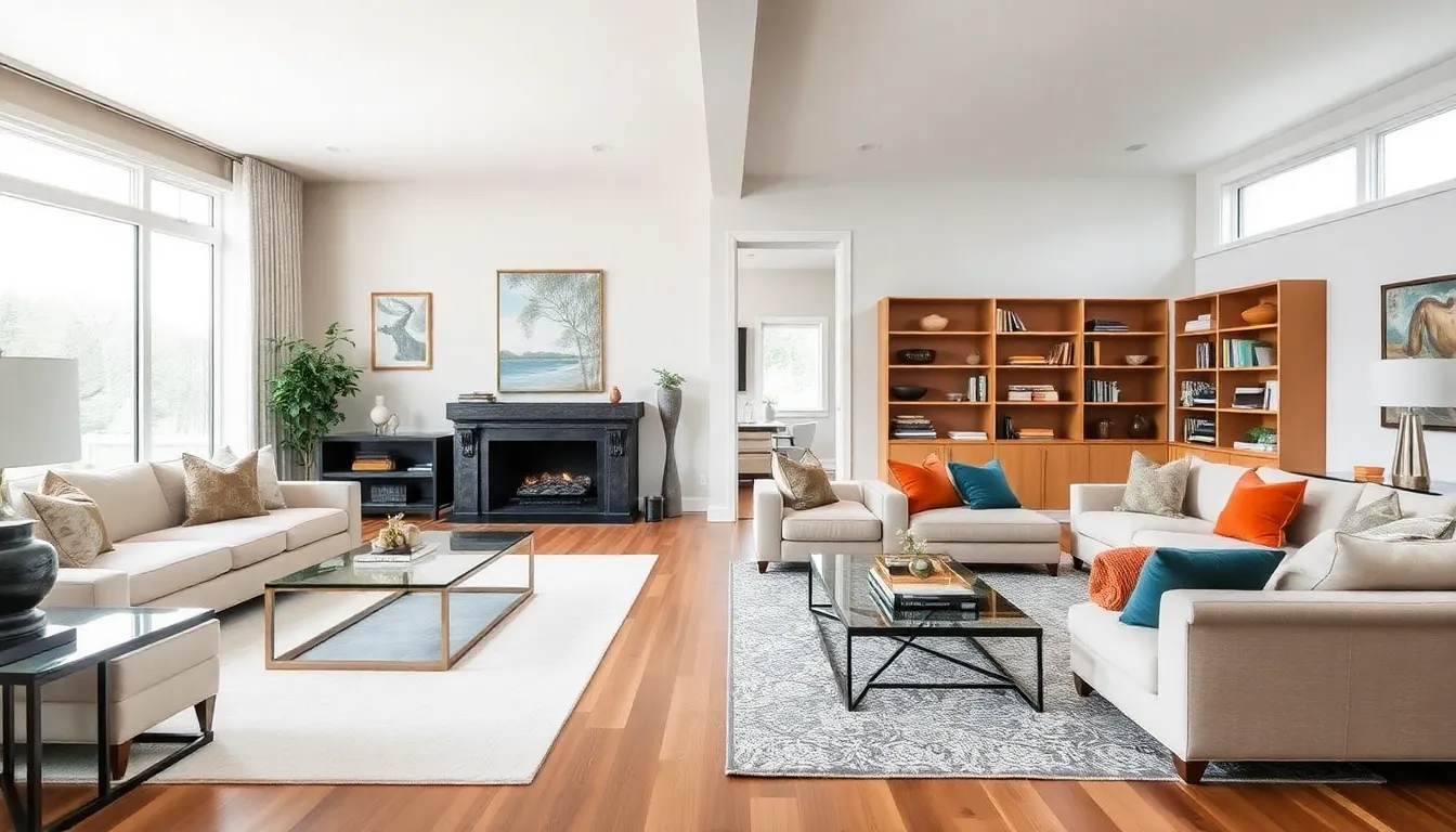 two distinct living rooms in a modern American home.