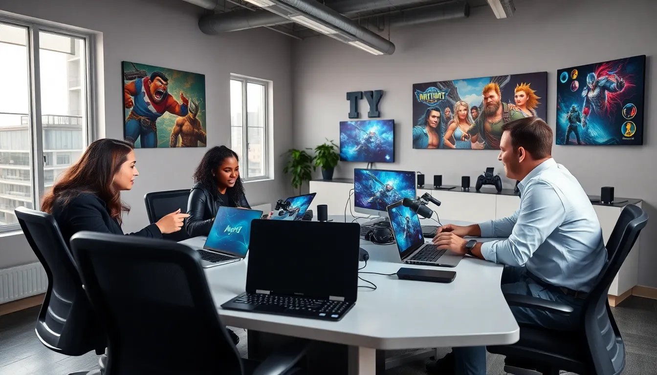 diverse gamers collaborating around a modern workspace with gaming equipment.