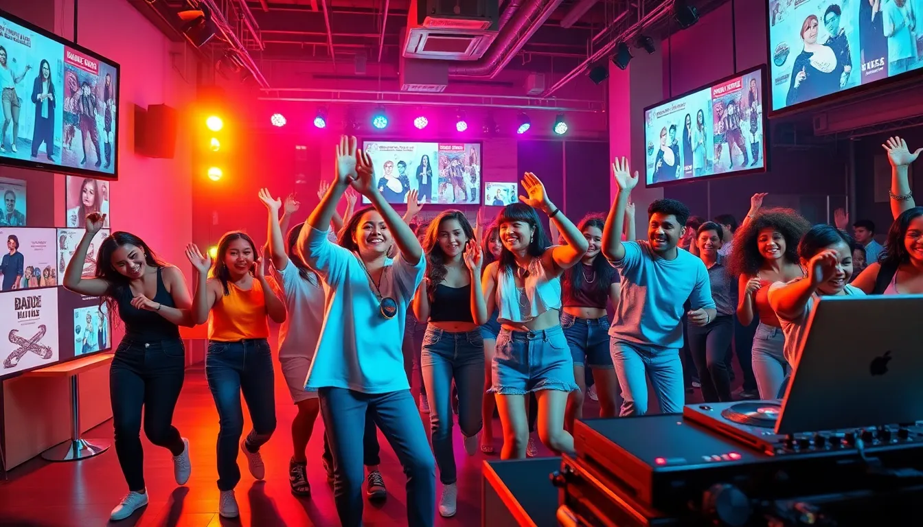 group of diverse young adults dancing in a lively urban setting.