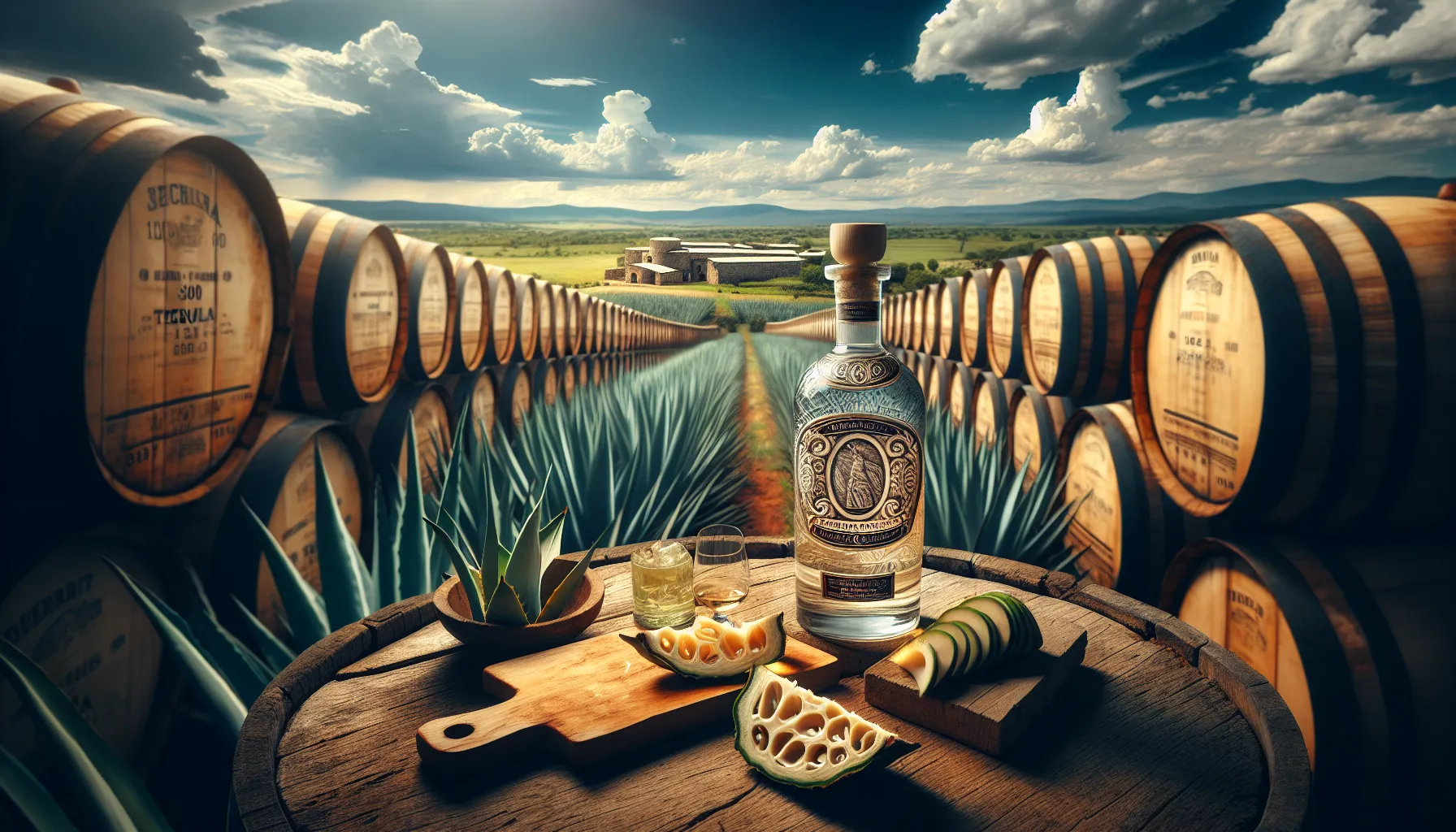 A tequila distillery scene with barrels, agave, and a countryside backdrop.